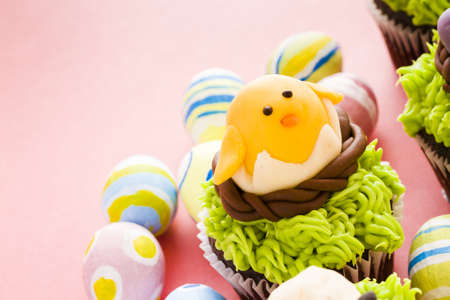 Gourmet chocolate Easter cupcakes individually decorated.の写真素材