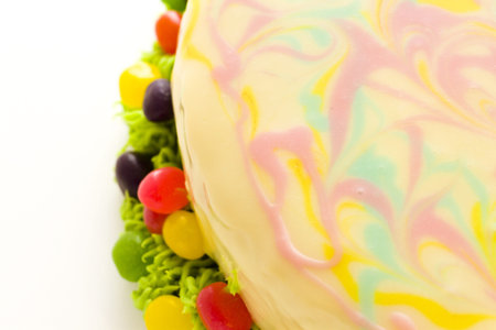 White chocolate jelly bean cheesecake decorated for Easter.