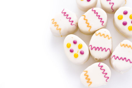 Easter egg petit cakes made with layers of vanilla cake and tart, raspberry jam.の写真素材