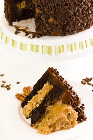 German chocolate cake with two layers of chocolate cake filled and topped with classic German...
