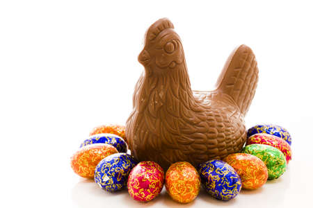 Chocolate chicken prepared for Easter on a white background.の写真素材