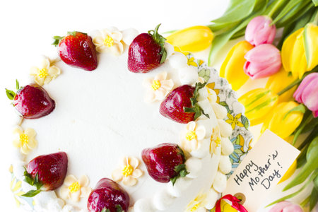 Chocolate Strawberry Lemon Torte made with 6 layers of chocolate cake, filled with lemon curd and strawberry mousse, covered in white chocolate cream cheese frosting.の写真素材