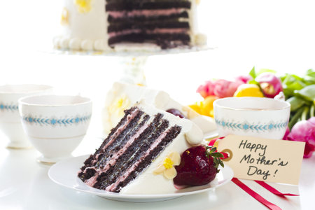 Chocolate Strawberry Lemon Torte made with 6 layers of chocolate cake, filled with lemon curd and strawberry mousse, covered in white chocolate cream cheese frosting.の写真素材