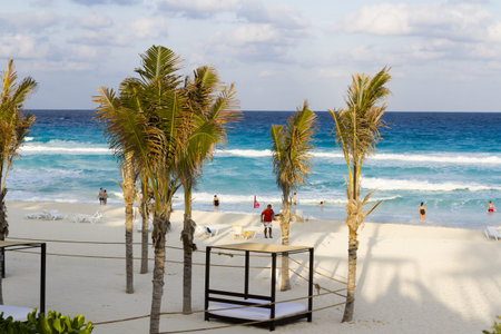 Beach cabanas at vacation resort in Cancun, Mexico.のeditorial素材