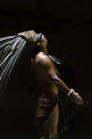 Maya people dressed in traditional mayan outfit for performance.のeditorial素材