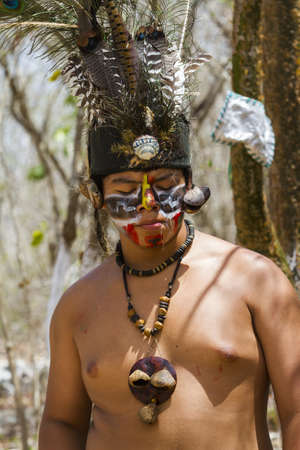 Maya people dressed in traditional mayan outfit for performance.のeditorial素材