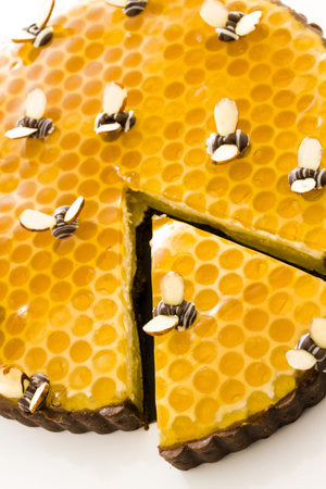 White chocolate lemon honey tart on a white background.の写真素材