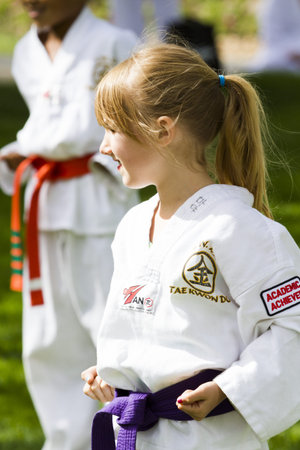 Tae Kwon Do student practicing in the park.のeditorial素材