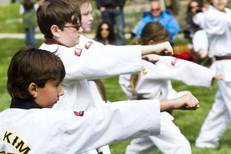 Tae Kwon Do student practicing in the park.のeditorial素材