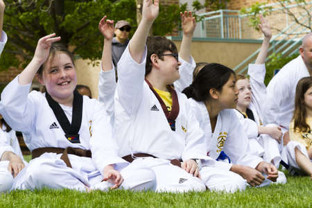 Tae Kwon Do student practicing in the park.のeditorial素材