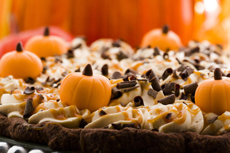 Chocolate salted caramel pumpkin cream pie for Thanksgiving.の写真素材