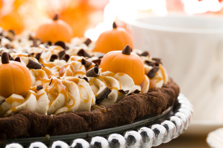 Chocolate salted caramel pumpkin cream pie for Thanksgiving.の写真素材