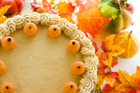 Chocolate pumpkin cake with caramel buttercream for Thanksgiving.の写真素材