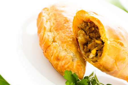 Empanada stuffed with bread on a white plate.の写真素材
