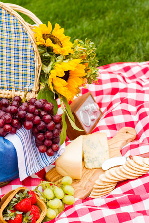 Summer picnic with a basket of food in the park.