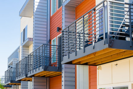 Modern arapartment complex painted in bright colors.