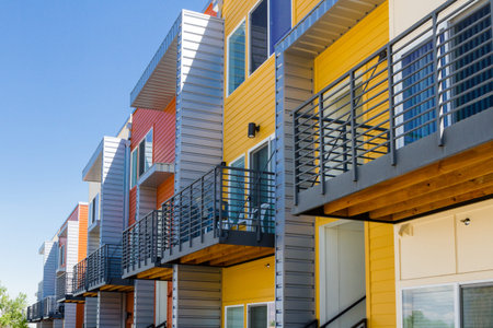 Modern arapartment complex painted in bright colors.