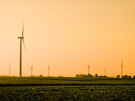 Wind turbines farm at sunrise in Iowa.