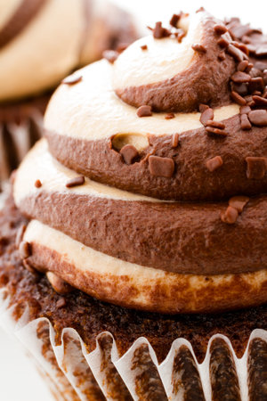 Gourmet chocolate caramel swirl cupcake with chocolate sprikles.の写真素材