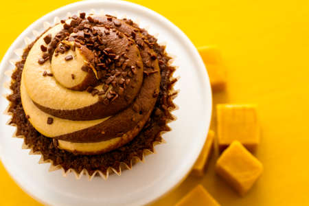 Gourmet chocolate caramel swirl cupcake with chocolate sprikles.の写真素材