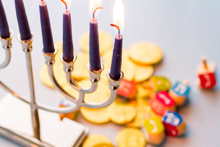 A still life composed of elements of the Jewish Chanukah/Hanukkah festival.の写真素材
