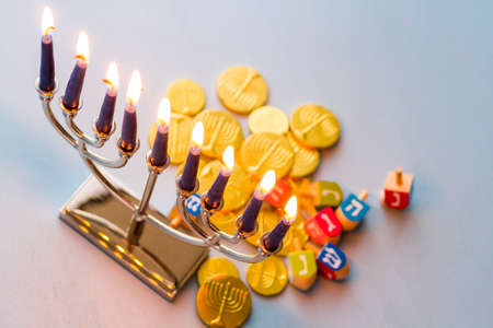 A still life composed of elements of the Jewish Chanukah/Hanukkah festival.の写真素材