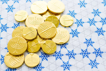 A still life composed of elements of the Jewish Chanukah/Hanukkah festival.の写真素材