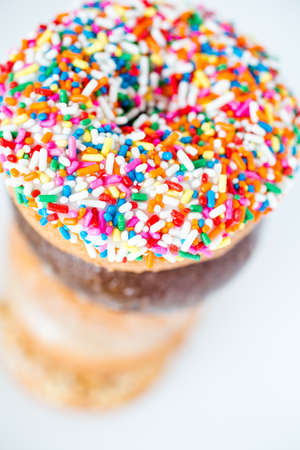 Variery of fresh donuts on a white background.の写真素材