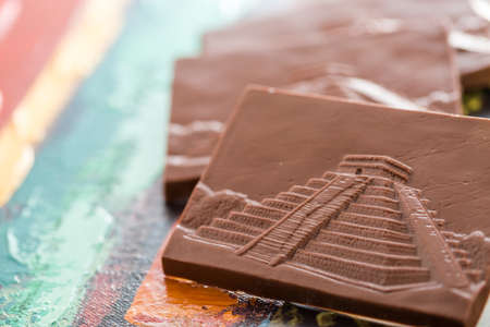 Gourmet milk chocolate bars with image of Maya pyramids.の写真素材