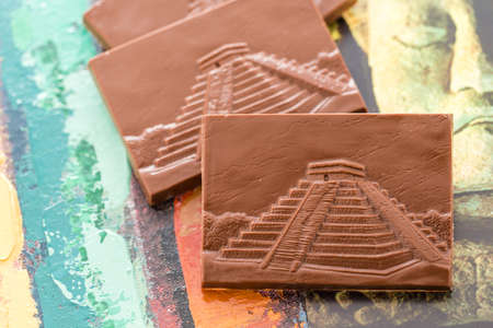 Gourmet milk chocolate bars with image of Maya pyramids.の写真素材