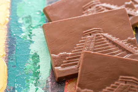Gourmet milk chocolate bars with image of Maya pyramids.の写真素材