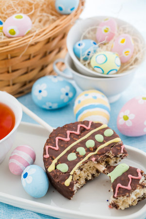 Easter rice krispy pop treats in shpae of Ester egg and Easter bunny.