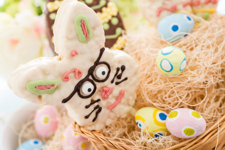 Easter rice krispy pop treats in shpae of Ester egg and Easter bunny.