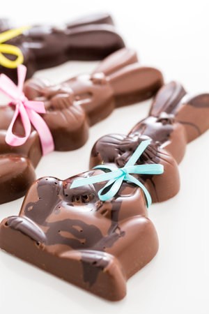 Easter chocolate bunnies made from solid milk and dark chocolate.
