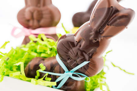 Easter chocolate bunnies made from solid milk and dark chocolate.の写真素材