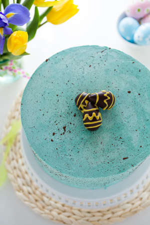 Easter Robins egg cake with chocolate speckles and egg truffles.の写真素材