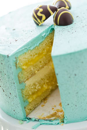 Easter Robins egg cake with chocolate speckles and egg truffles.の写真素材