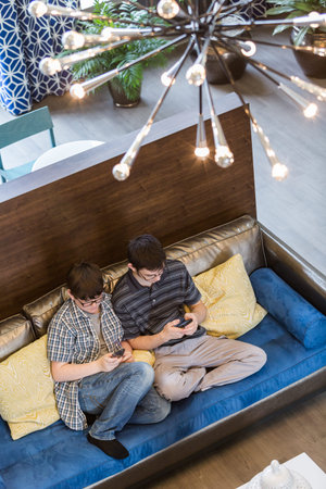 Teenage brothers playing with their computer gadgets at leisure time.