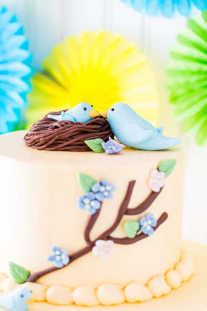 Gourmet Spring two layer cake with blue birds and spring flowers.の写真素材