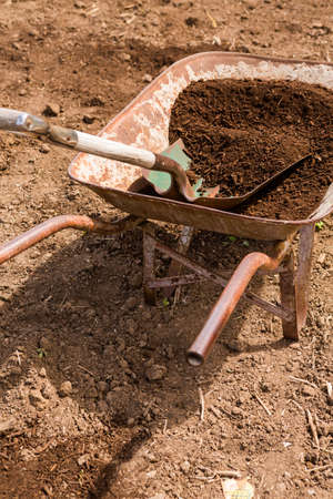 Community garden prepared for planting in early Spring in urban area.の写真素材