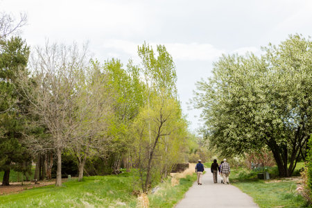 Typical bike trail with paved path in suburbia.の写真素材