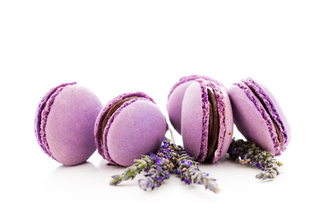 Gourmet small colorful French macarons with lavender flavor.の写真素材