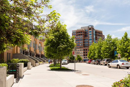 Denver, Colorado/ USA-26 May, 2014:Row of contemporary townhomes at Riverside development.のeditorial素材