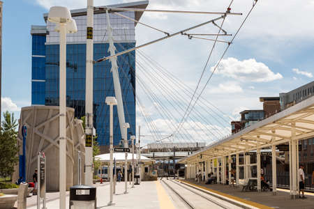 Denver, Colorado/ USA-26 May, 2014: Light rail station near Union Station in Denver.のeditorial素材