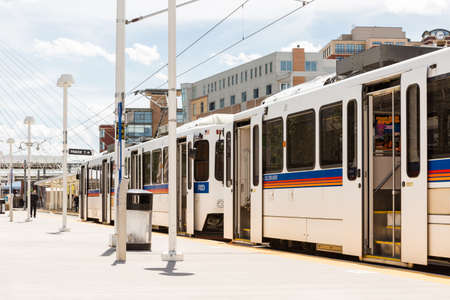 Denver, Colorado/ USA-26 May, 2014: Light rail station near Union Station in Denver.のeditorial素材
