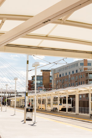 Denver, Colorado/ USA-26 May, 2014: Light rail station near Union Station in Denver.のeditorial素材