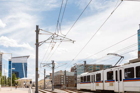 Denver, Colorado/ USA-26 May, 2014: Light rail station near Union Station in Denver.のeditorial素材
