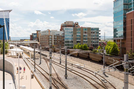 Denver, Colorado/ USA-26 May, 2014: Light rail station near Union Station in Denver.のeditorial素材