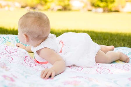 Cute baby girl playing on blanket in the park.の写真素材