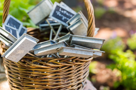 Garden tags in the basket ready to mark plants.の写真素材